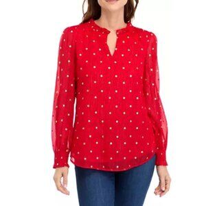 NWT Women's Red Ruffle V-Neck Blouse w/Gold Polka Dots Size Medium